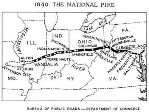 The Great National Pike, also known as the Cumberland Road, became the first highway funded by the national treasury