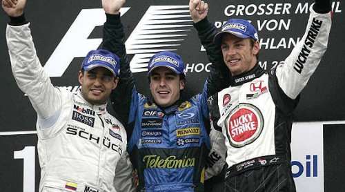 Renault driver Fernando Alonso won the German Grand Prix at the Hockenheimring, taking his sixth victory of the season, whilst Juan Pablo Montoya finished second for the McLaren team