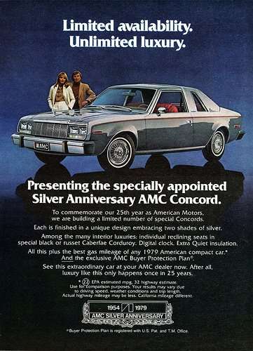 AMC marked the 25th anniversary of the Nash-Hudson merger with “Silver Anniversary” editions of the AMC Concord and Jeep CJ in two-tone silver (Jeeps then accounted for around 50% of the company’s sales and most of its profits); and introduced “LeCar”, a U