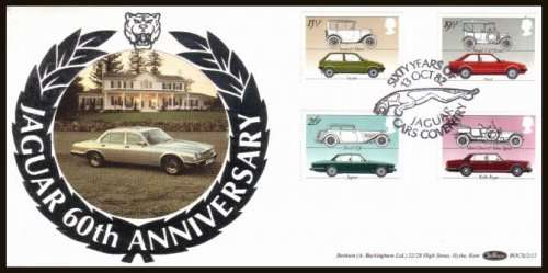The British Post Office issued four commemorative stamps featuring a vintage and current Austin, Ford, Jaguar and Rolls Royce